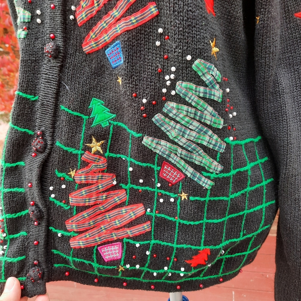 Vintage Ugly Christmas Sweater Tartan Plaid Trees Button Down Cardigan Holiday - Picture 9 of 13